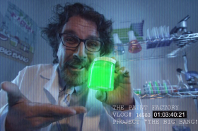 A man scientist holding a green neon substance in a jar.