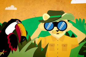 An illustration of a lion with binoculars and a safari hat next to a toucan.